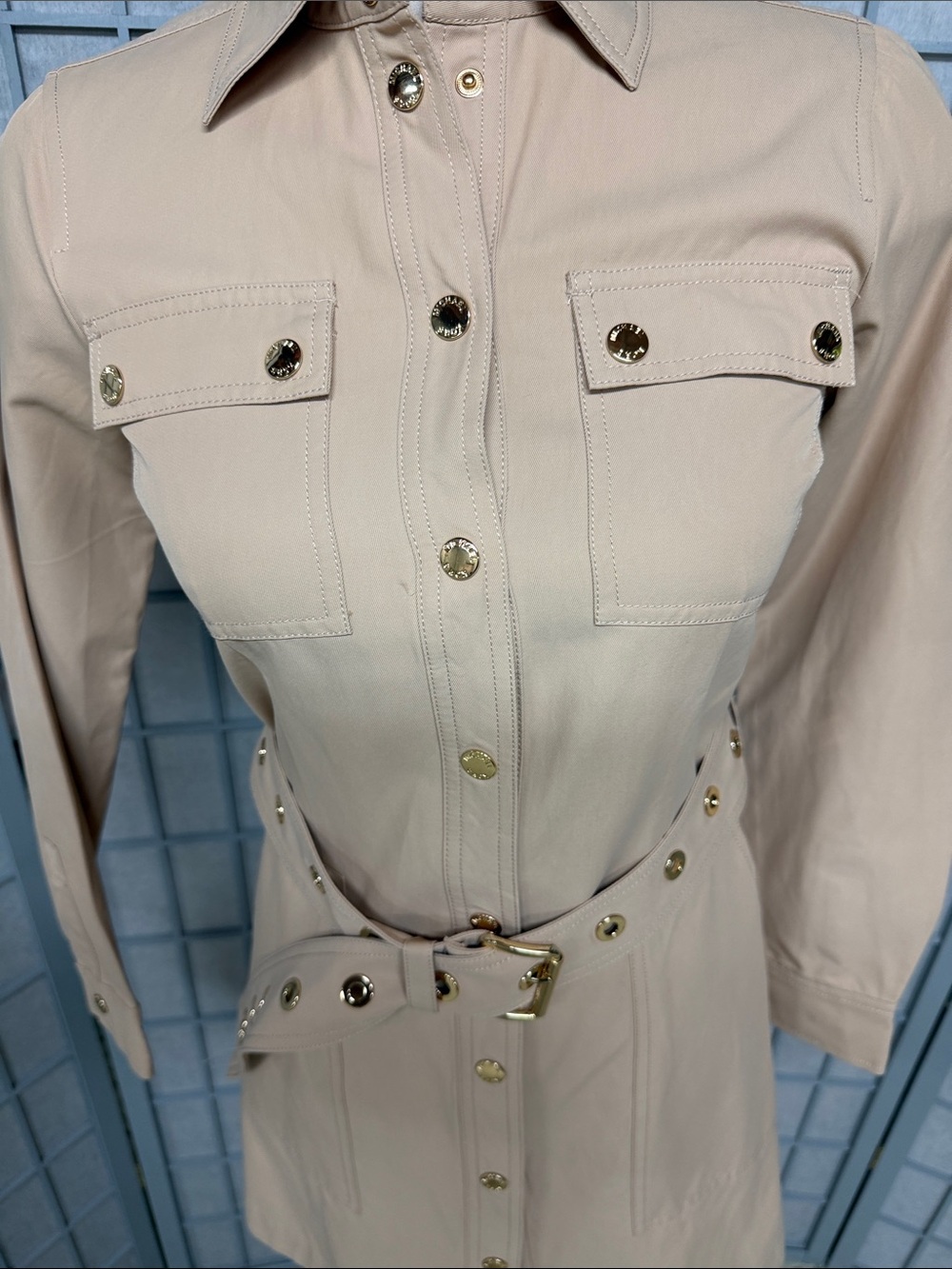 Michael Kors Neutral Beige Belted Shirt Mini Dress - Picture 3 of 13